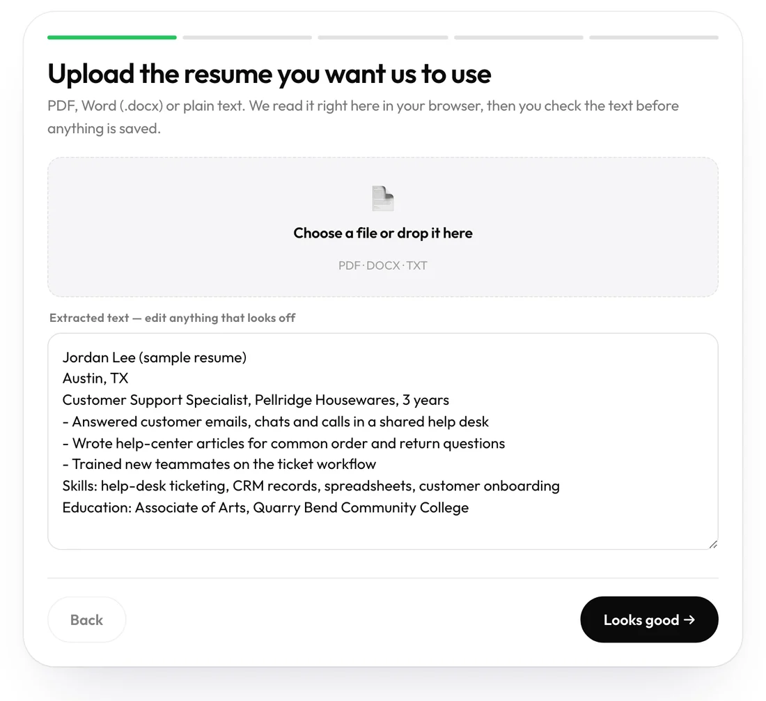 The real Auto Apply app, step one: the resume it will use, with sample text