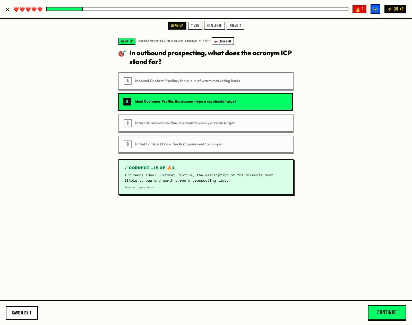 The real Interview Role Play: a practice question with hearts, a streak and XP