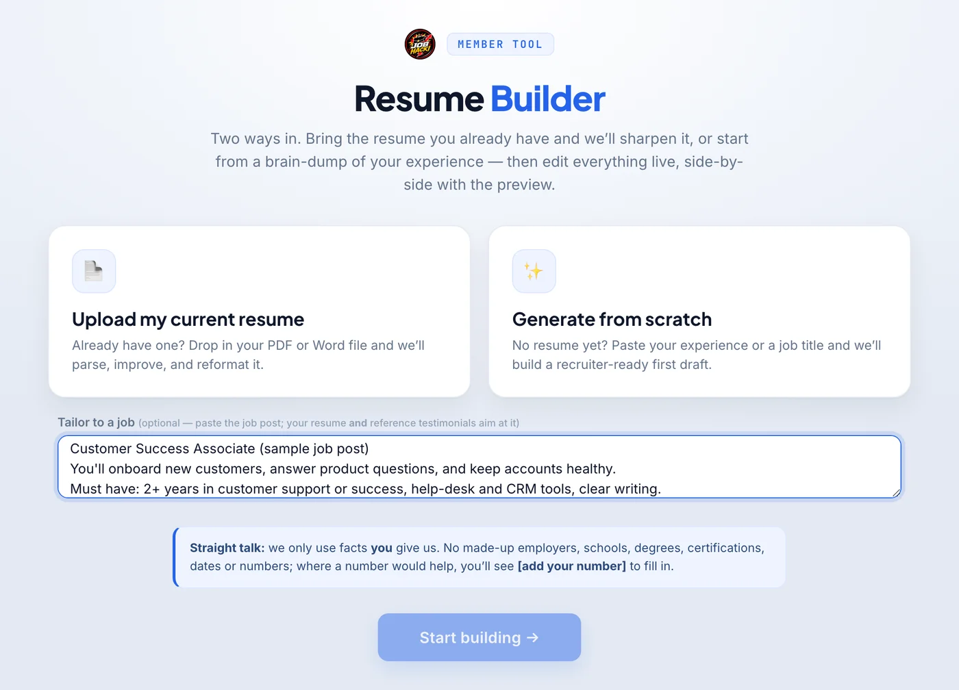 The Resume Builder with a sample job post in the Tailor to a job field