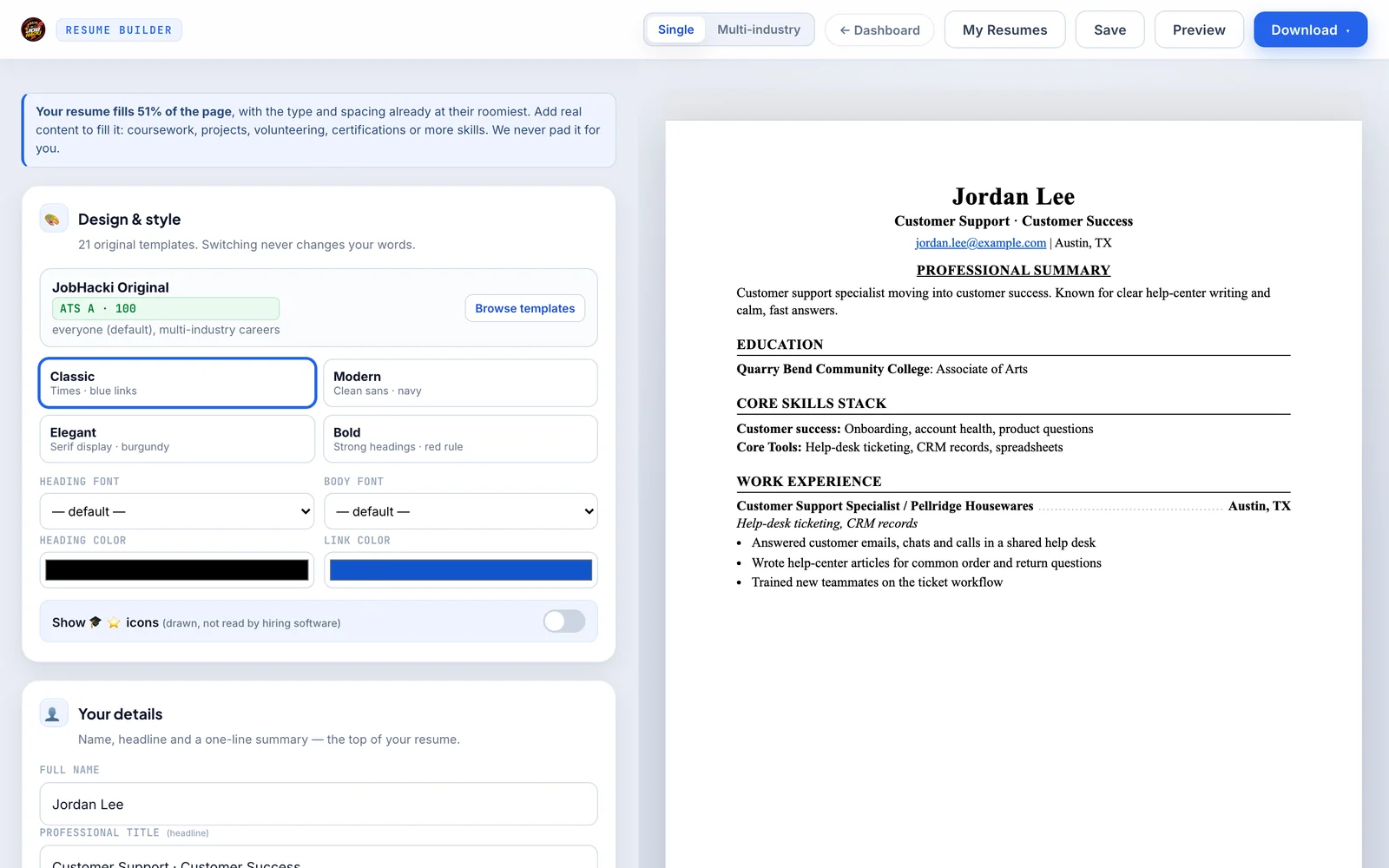 The real Resume Builder editor with a sample resume and live preview