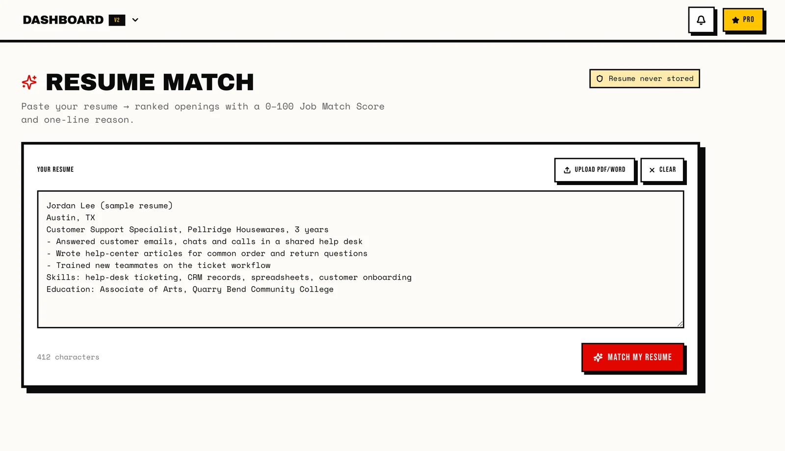 The real Resume Match screen with a sample resume pasted in